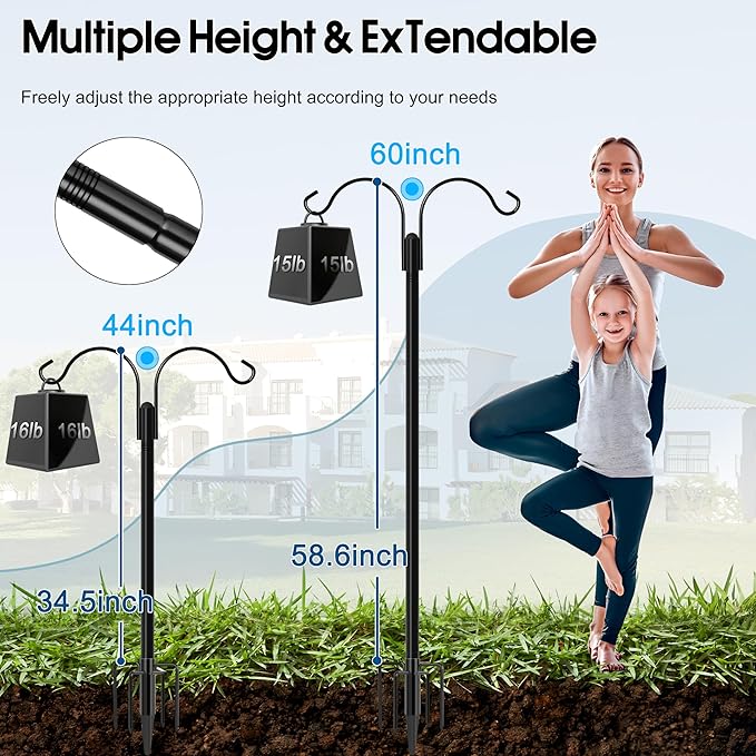 Ottsuls Bird Feeder Pole, 2 Pack 60 INCH Double Shepherds Hooks for Outdoor, with 5 Base Prongs Heavy Duty Tall Garden Planter Hooks for Hanging Flower Basket, Lantern, Hummingbird Feeder