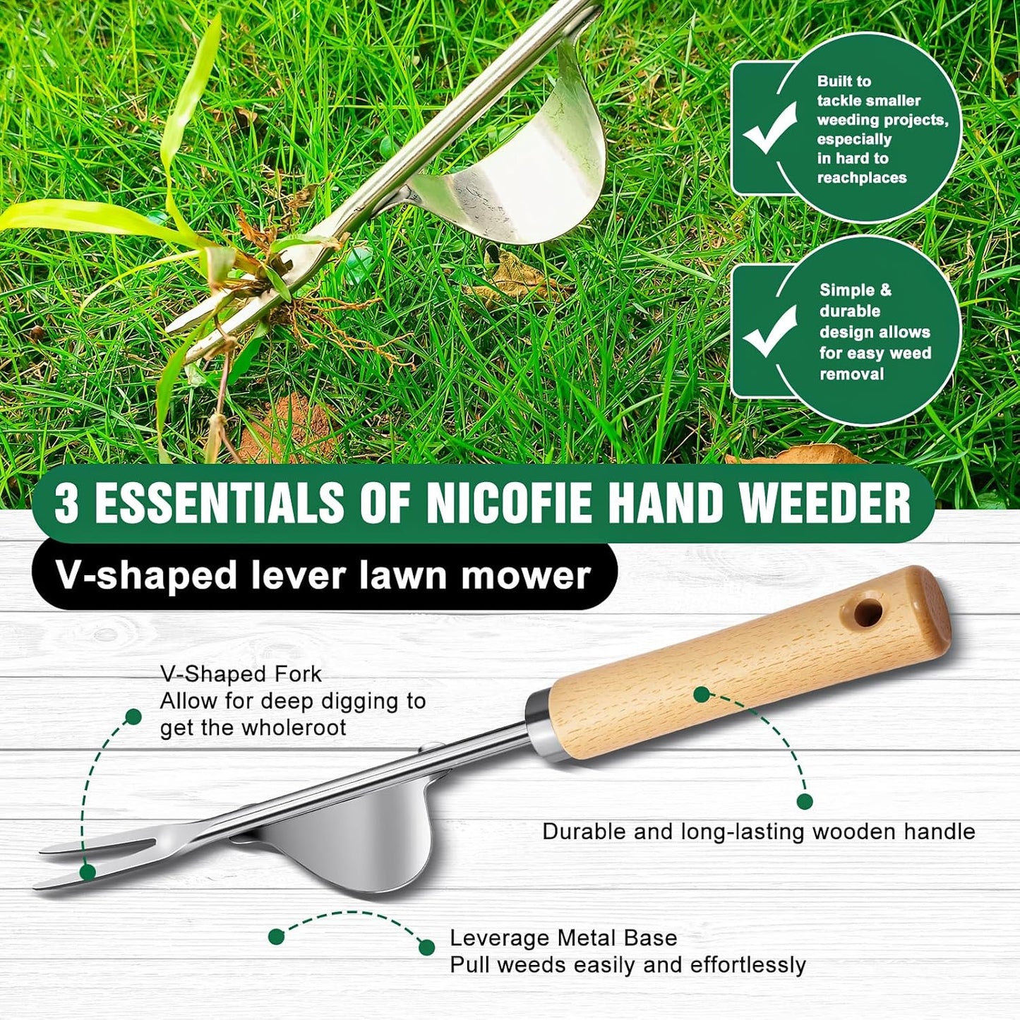 Weed Remover Tool 2-Piece with Wood Handle, Weeding Garden Tools for Gardening with Serrated Edge, Weed Puller for Removing Moss and Weeds, Weeding Tools for Dandelion