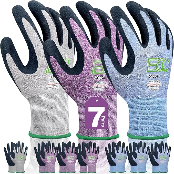 7 Pairs Women Gardening Gloves, EN388 2131X Outdoor Protective Work Gloves with Breathable Micro-Foam Coating for Gardening, General Purpose, Courtyard, 3 Purple + 3Blue +1 Grey