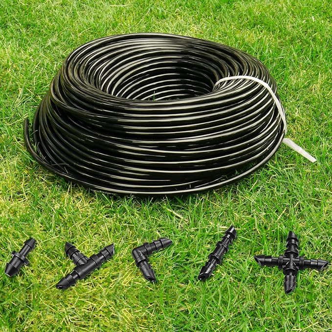 JAYEE 100Ft 1/4 Inch Drip Irrigation Tubing with 33 Pcs Drip Irrigation Parts - 10 Couplings, 10 Tees, 4 Elbows, 4 4-way Couplings, 5 End Plugs - Drip Irrigation Hose Kit for Drip or Sprinkler Systems