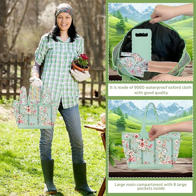 WNJ Gardening Tool Set, 10 PCS Heavy Duty Floral Pattern Garden Tools Set Kit, Complete Gardening Tool Bag Set, with Non-Slip Rubber Handle, Best Gardening Gifts for Women