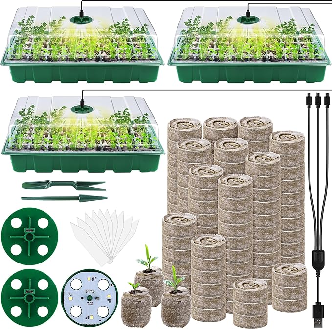 3 Pack Seed Starter Tray Kit with Grow Light Germination Trays with Humidity Dome, 120 Peat Pellets, Gardening Tools, Plant Labels, Plant Growing Trays for Seeds Growing Starting, Green