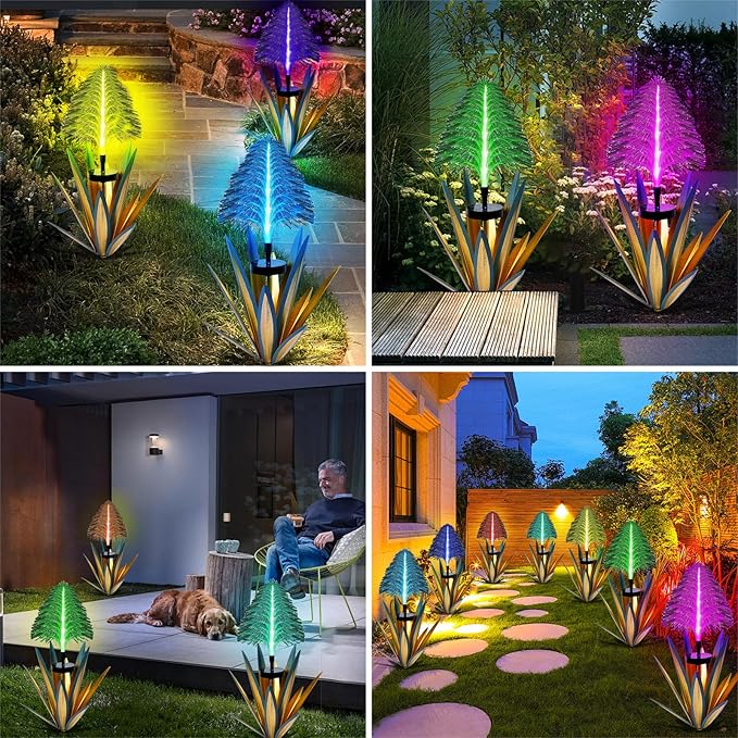 Metal Outdoor Decoration Gift Metal Agave Plants Outdoor Decor, Metal Agave Yard Art Garden Lights Solar Outdoor, 7 Color Changing Garden Yard Pathway Xmas Decor Waterproof & Solar Powered(1pcs Blue)