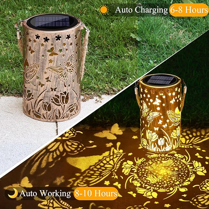 Toodour Solar Lantern Outdoor, Butterfly Gifts for Mom Grandma Women Hanging Solar Outdoor Lights Waterproof, Hollow Out Retro Metal Butterfly Lights for Patio, Balcony, Walkway, Yard Decorations