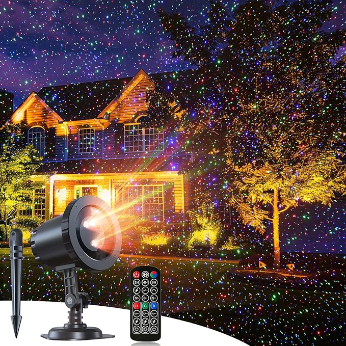 Minetom Outdoor Christmas Laser Lights with Remote, Moving RGB Christmas Projector Lights Waterproof 3 Colors Motion Firefly Decorative Star Light Show for Xmas House Indoor Party Decoration Show