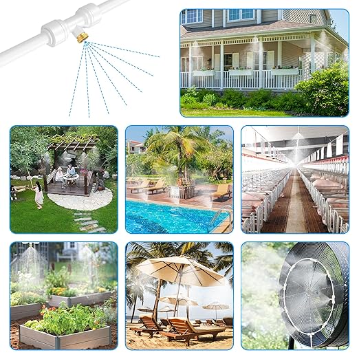 Misting Systems White, Outside Patio Misters, 100FT Misting Cooling System+30 Brass Mister System+2 PE Antioxidant Adapters 3/4"+2 Tee Adapters+2 90 Degree Elbows for Pasture&Garden&Gazebo (White)