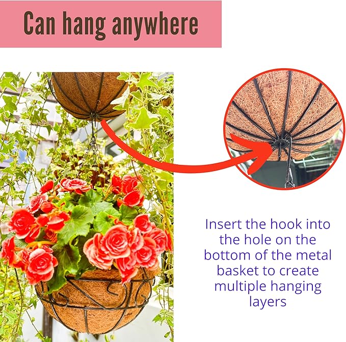 LaLaGreen Hanging Planter for Outdoor Plants (2 Pack, 10 Inch) Hanging Baskets with Coco Liner, Metal Wire Flower Basket Pots with Hook Hanger Balcony Porch Farmhouse Country Style Garden Decor