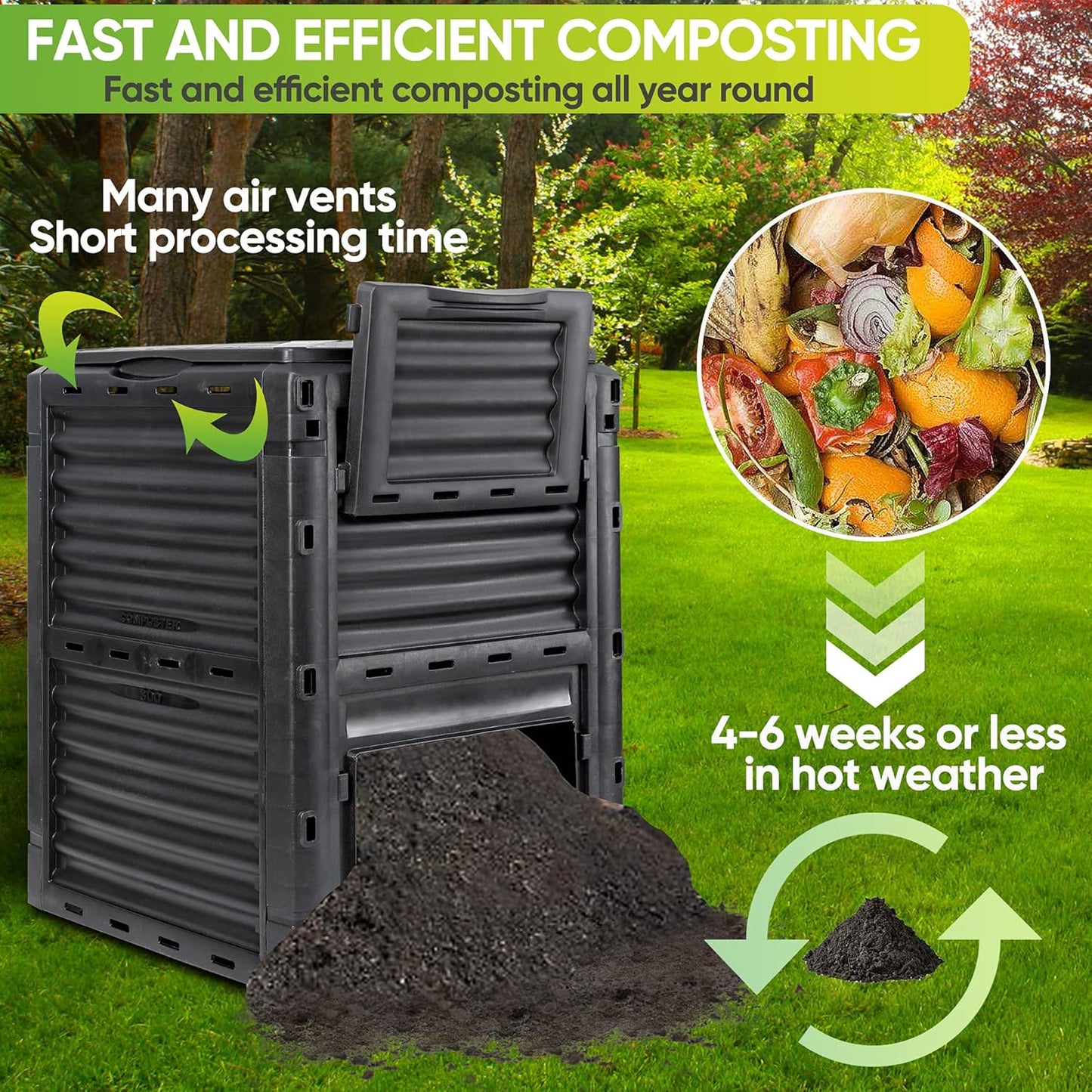 JupiterForce Garden Compost Bin 80 Gallon (300 L) from BPA Free Material, Large Composting Bin Outdoor Composter, Easy Assembling, Fast Creation of Fertile Soil, Lightweight, Black
