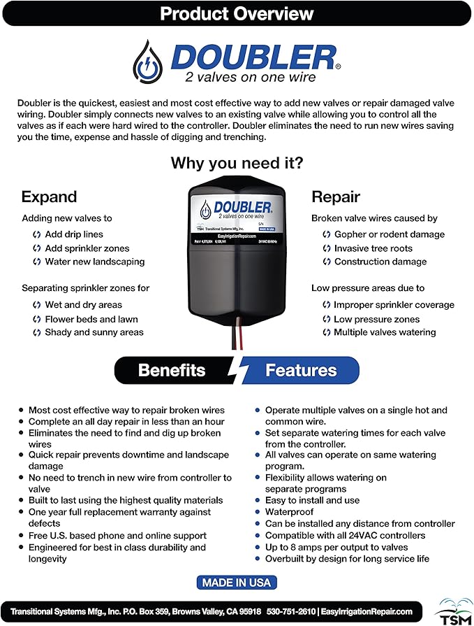 Doubler - 2 Valves on One Wire/Expand or Repair Your Irrigation System with Ease
