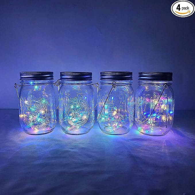 Decorman Solar Mason Jar Lights, 4 Pack 30 LED Fairy Star Firefly String Lids Lights with 4 Hangers for Patio Yard Garden Party Wedding Christmas Decoration(Jars Not Included) (4 Pack, Colorful)