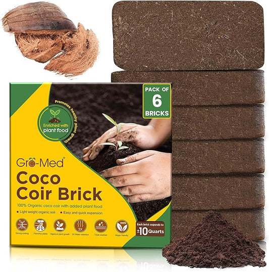 Gro-Med Coco Coir Brick 6s Pack – 1.4 lb Each,Expands to 60 Quarts, Enriched with NPK, Organic Potting Soil Mix for Plants, Seed Starting,Herbs,Flowers and Ideal Reptile Bedding for Snakes & Terrarium