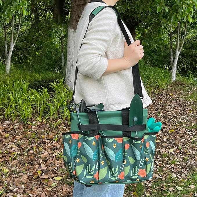 Garden Tote Bag, Oxford Garden Tools Storage Bag with 8 Pockets, Portable Garden Tool Organizer Bag with Adjustable Shoulder Strap, Ideal Gardening Gifts for Gardening Lovers No Tools (Green)