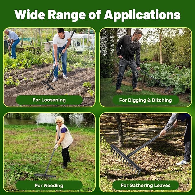 Stirrup Hula Garden Hoe with 12 Tines Rake, 2 in 1 Yard Weed Puller Gardening Weeding Tools, Garden Tiller Cultivator with 76" Adjustable Handle for Garden Weeding,Seeding,Ditching,Loosening Soil