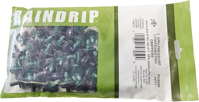 Raindrip PC8050B 2 GPH Pressure Compensating Drippers, Drip Irrigation Emitters for Drip Irrigation Gardening System, Maintains Constant Water Flow, 50-Pack, Green