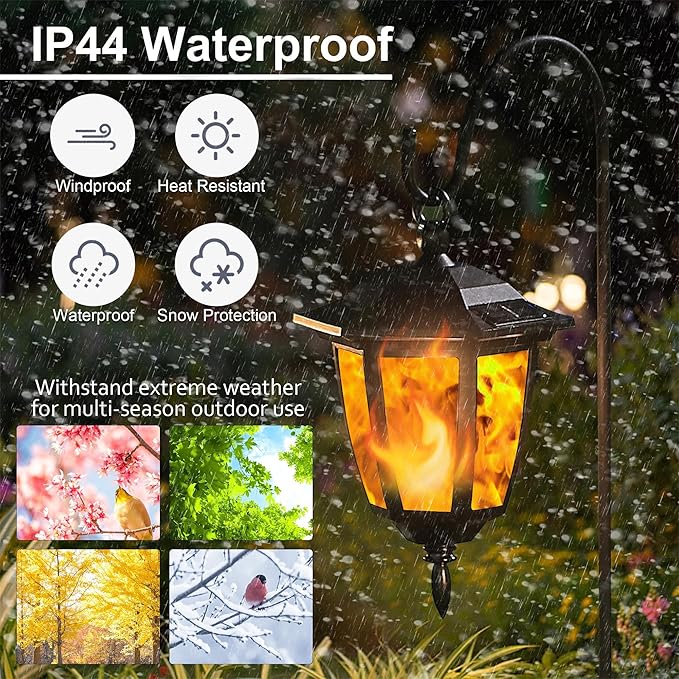 Dynaming 4 Pack Solar Flame Hanging Lights Outdoor, Solar Flickering Flame LED Garden Lanterns with 4 x 38 Inch Shepherd Hooks, Landscape Lighting Waterproof for Lawn Patio Yard Pathway Driveway