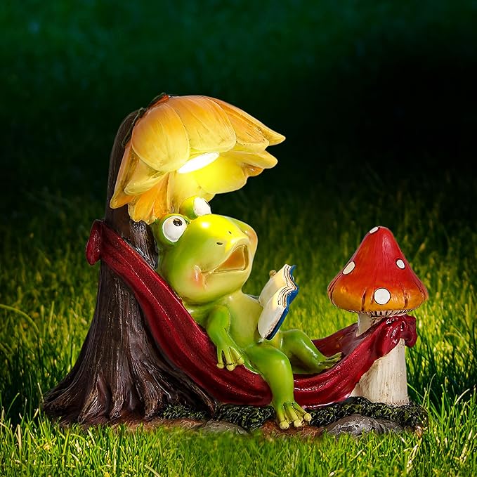 Leekung Solar Frog Garden Decor,Frog Statue with Solar Light for Outdoor Decorations,Reading Frog Figurine Garden Statues for Outside,Patio, Balcony, Yard, Lawn,Spring Decor Gifts for Women