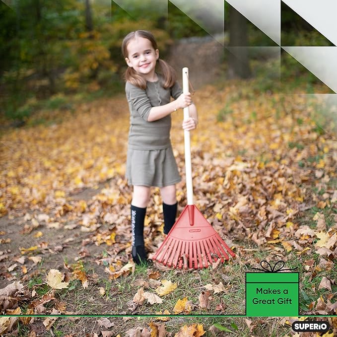 Superio Kids Rake with Hardwood Handle, Durable Plastic Head to Sweep Leaves in Lawn and Tidying Up The Garden, 34"