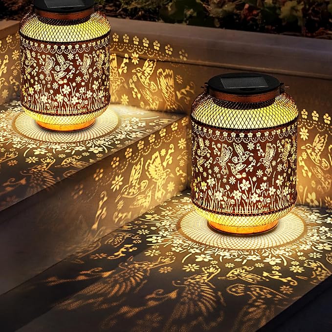 Solar Lanterns Outdoor Hummingbird Garden Decor, Metal Decor Lanterns Gardening Gifts for Women Mom Grandma, Waterproof Hanging Solar Lights for Outside, Patio, Yard, Porch, Backyard