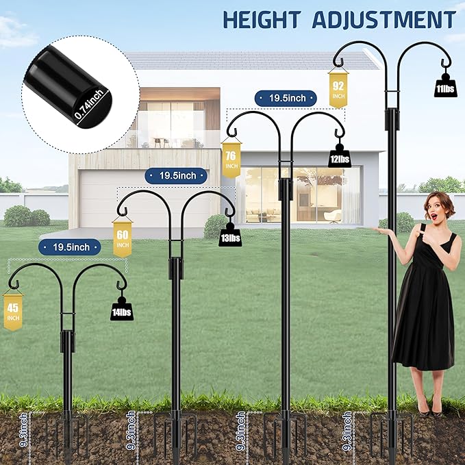 Ottsuls Bird Feeder Pole, 2 Pack 92 INCH Double Shepherds Hooks for Outdoor, Garden Pole with 5 Base Prongs Heavy Duty Planter Hooks for Hanging Plant Baskets, Lantern, Hummingbird Feeder