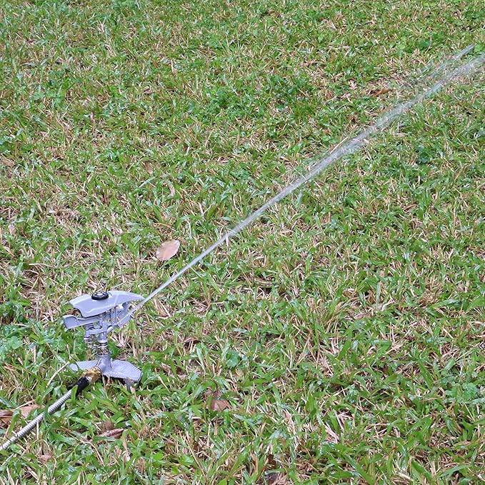 STYDDI Professional Heavy Duty Pulsating Sprinkler on Metal 3-Pronged Step Spike, Metal Pro Adjustable Circular Sprinkler for Large to Extra Large Yard, Areas, Lawn, Coverage up to 8500 Sq.FT