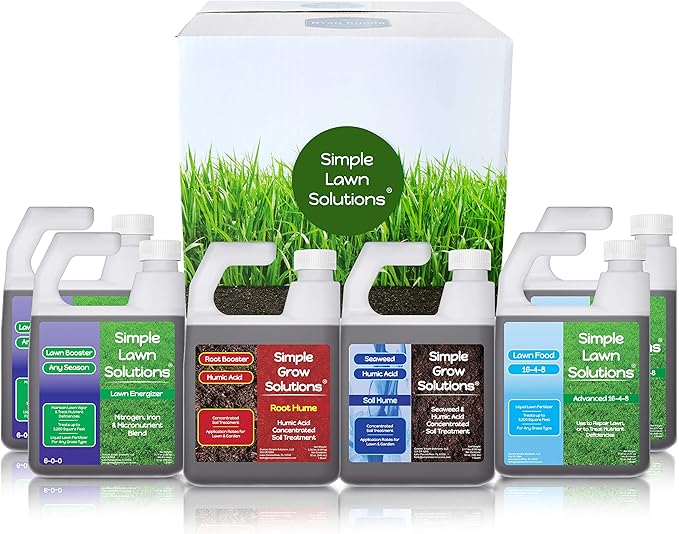 Simple Lawn Solutions - Ryan Knorr - Lawn Essentials Bundle Box - 6 Piece Set- Lawn Food 16-4-8 NPK, Lawn Energizer Booster, Root Hume- Humic Acid, Soil Hume- Seaweed, Humic Acid (32 Ounce Bundle)