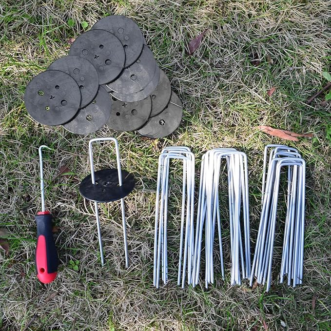 25Pcs Garden Stakes Staples + 25Pcs Gaskets, EUOKOK 6 Inch Lawn Staples 11 Gauge Galvanized U Shaped Landscape Pins Turf Nails Heavy Duty Yard Ground Pins for Weed Barrier Sod Fabric Decorations