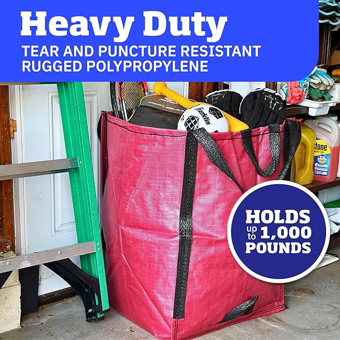 DURASACK Heavy Duty Home and Yard Waste Bag 48-Gallon Woven Polypropylene, Reusable Lawn and Leaf Garden Bag with Reinforced Carry Handles, Pop-Up Self-Standing Garbage Can, Red, Pack of 3