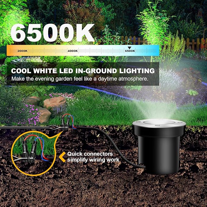 4Pack Low Voltage Landscape Lights with Connectors - 12-24V LED In-Ground Lights IP67 Waterproof Garden Lighting for Yard, Pathway, Driveway, Deck (Cool White)
