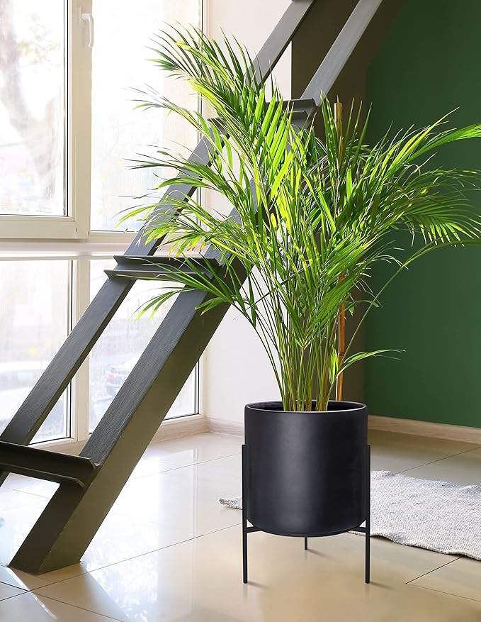 D'vine Dev Modern Black Plants Pot Cylinder Planter with Heavy Duty Stand, Large 12 Inch Pot, 17.6 Inch with Stand Height, 96-T-B-3