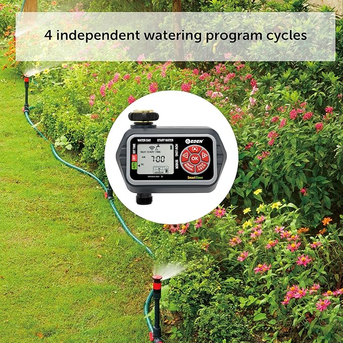 Eden 93411 1-Zone Digital Water Timer with LCD Display - Programmable Sprinkler System Manual Watering Rain Delay and Moisture Sensor Compatibility