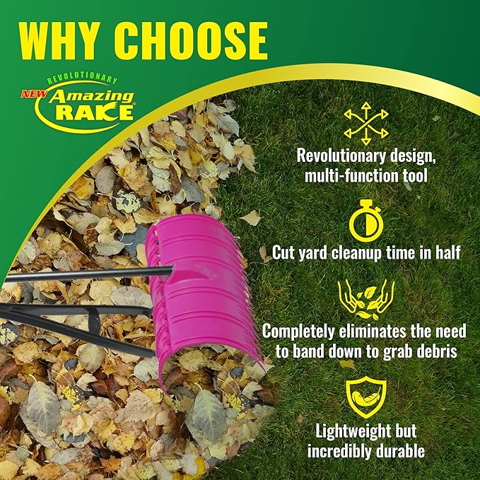 Amazing Rake Back Saving Garden Rake ― Leaf Rakes for Gardening ― Leaf Picker Upper ― Heavy Duty Leaves Claw & Rakes Lawns Garden Tool ― Easy Leaf & Grass Grabber Without Bending Over ― Hot Pink