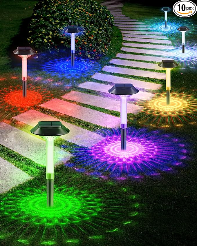 Color Changing Solar Pathway Lights - 10 Pack IP68 Waterproof Outdoor Solar Lights with 7 RGB Lighting Modes for Yard, Garden, Walkway, Pathway, Backyard, Lawn, Landscape Decoration