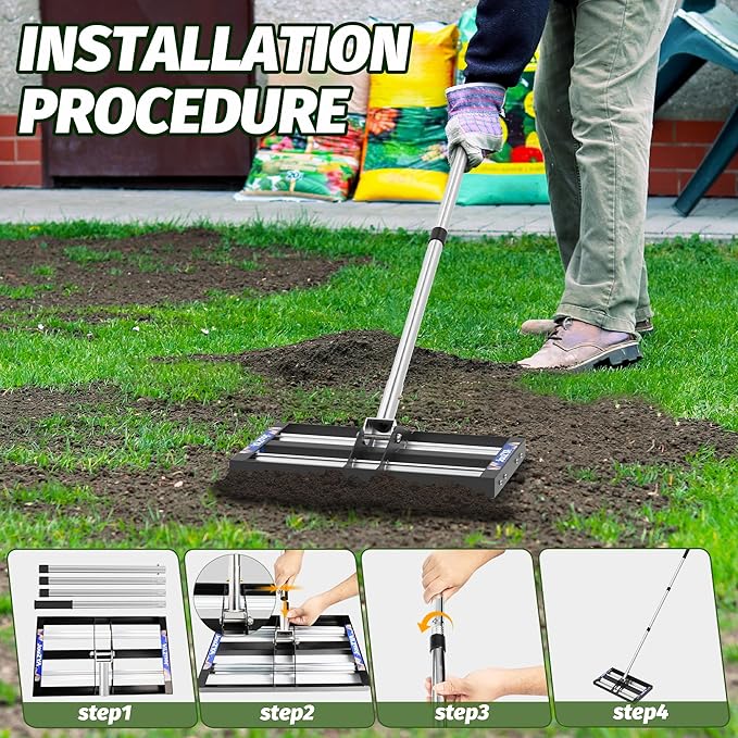 Updated Lawn Leveling Rake with Aluminum Rollers, Stainless Steel 17"x10" Levelawn Tool , Heavy-Duty Lawn Leveler with 70" Extended Handle, Yard Leveling Rake Suit for Garden, Golf Lawn, Farm