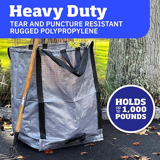 DURASACK Heavy Duty Home and Yard Waste Bag 48-Gallon Woven Polypropylene, Reusable Lawn and Leaf Garden Bag with Reinforced Carry Handles, Pop-Up Self-Standing Garbage Can, Gray, Pack of 3