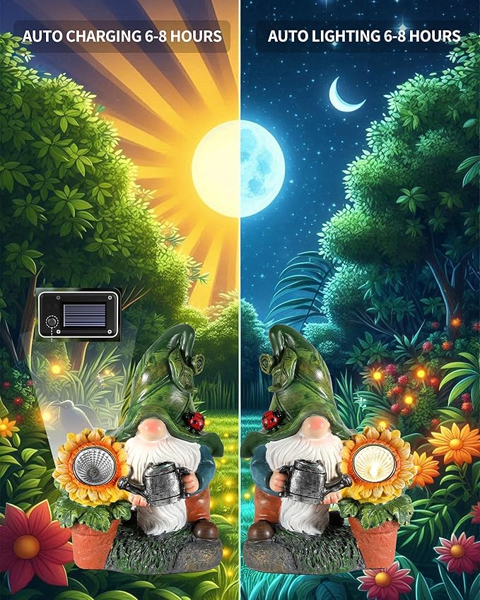 Solar-Powered Garden Gnome Watering Can Sunflower - 12 in Garden Decor Gnomes Decorations for Yard Lawn Ornaments Outside Statue Figurine LED Lights (Gnome)