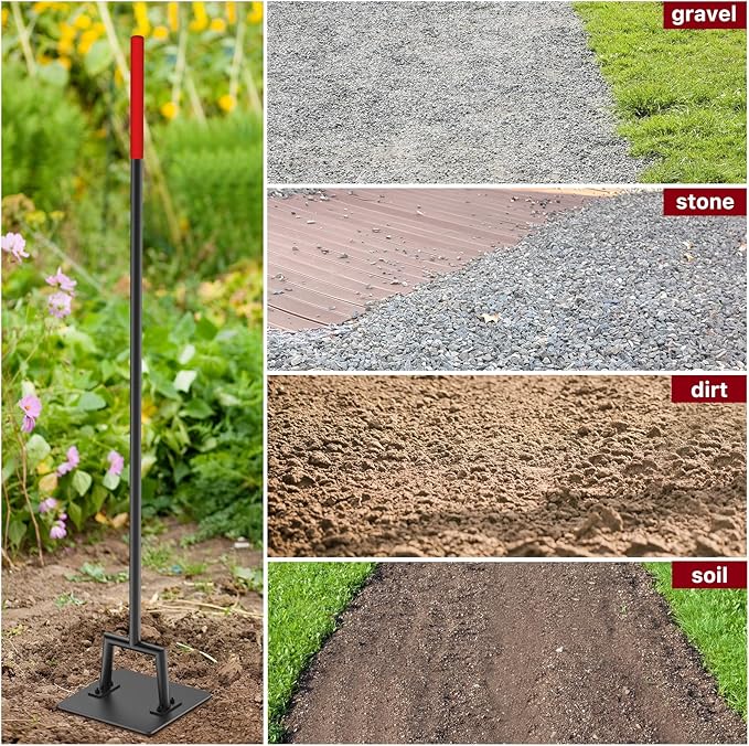 BreeRainz Steel Tamper Tool 10"x10" with 57 Inch Handle and 10 Inch Rubber Grip, Heavy Duty Gardening Hand Tools for Earth Soil Asphalt, Gravel and Dirt Compaction Levelling Paver Tool Trash Compactor