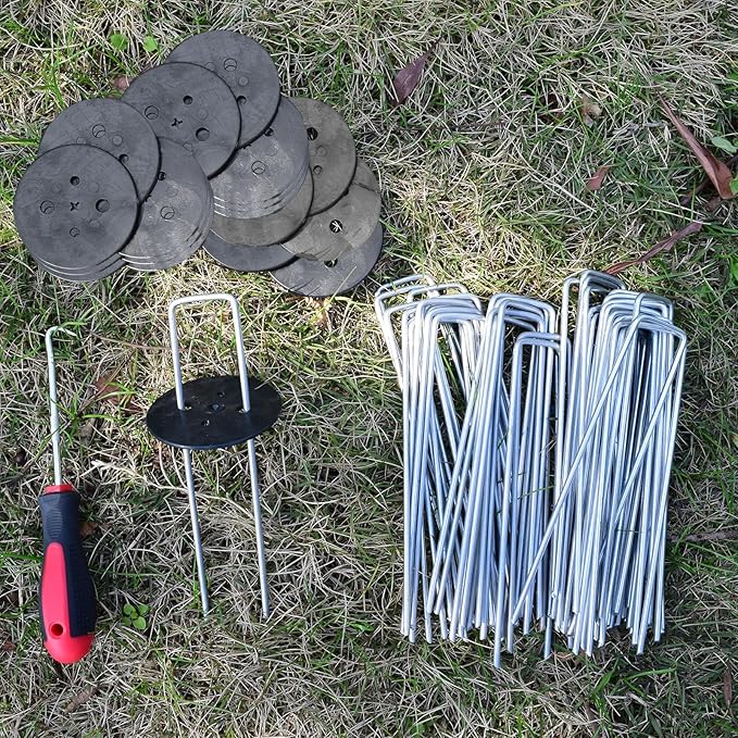 50pcs Landscape Staples+50pcs Gaskets+1 Pick Hook, 6 Inch Garden Artificial Turf Stakes Heavy Duty 11Ga U Shaped Galvanized Yard Ground Pins for Weed Fabric Barrier, Groud Cover, Outdoor Decorations