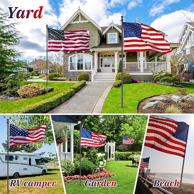 Yard Flag Pole for Outside House in Ground - 8.5 ft Tangle Free Stainless Steel Flagpole with 2 Anti-Tip Prong Base,Portable Flag Pole kit with 3x5 American Flag for Outdoor RV Camper,Black