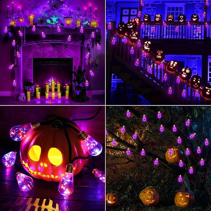 Orange & Purple Solar Halloween Lights Outdoor, 20Ft Black Hemp Rope Halloween String Lights, Waterproof Orange Purple Lights with 8 Modes 16 Shatterproof Bulbs for Patio, Yard, Party, Halloween Decor