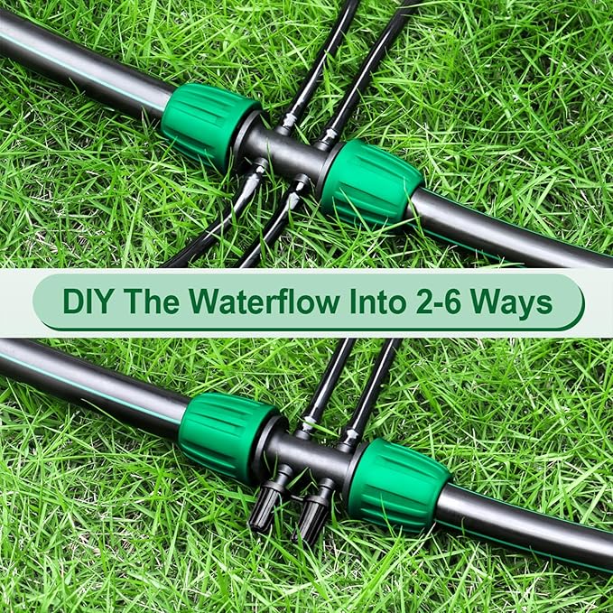 JAYEE Drip Irrigation Fittings, 10 Pcs Lock Barbed Tee for 1/2 to 1/4 Inch Vinyl Tubing, Drip Line Parts 6-Way Tees Irrigation Connectors for Drip Sprinkler Garden Lawn Systems, Green