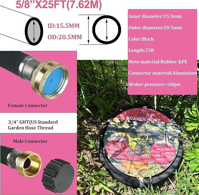 Rubber Soaker Hose, 5/8 inch, 25ft Garden Hose for Irrigation,Water-Saving up to 70%, Aluminium Connector Leak-Proof, Heavy-duty Hose, Watering for Trees,Lawns, Vegetables and Flowers.
