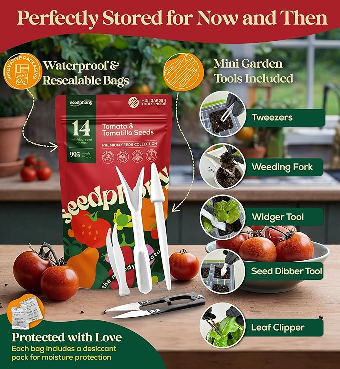 14 Tomatillo & Tomato Seeds for Planting Variety Pack - 990+ Non-GMO Heirloom Vegetable Seeds for Growing Tomato Indoor & Outdoor: Cape Gooseberry, Cherry, Flame, Roma, Pink, Beefsteak Tomatoes