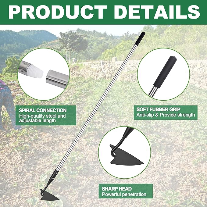 Warren Hoe, Carbon Steel Triangle Garden Hoe with Stainless Steel 57" Adjustable Long Handle, Heavy Duty Gardening Hand Tools Hoe for Ridging Weeding Digging Loosening Edging Soil