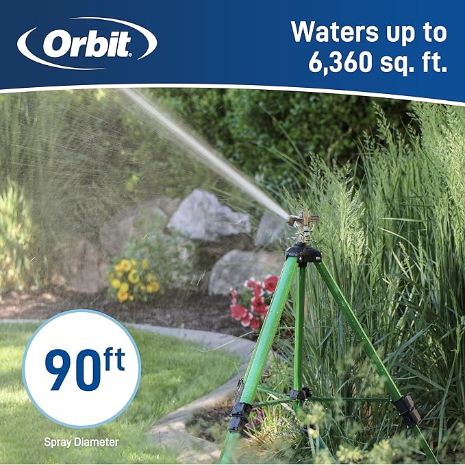 Orbit 1/2 -inch Heavy-Duty Brass Impact Sprinkler on Adjustable 22 - 48-inch Metal Tripod Base