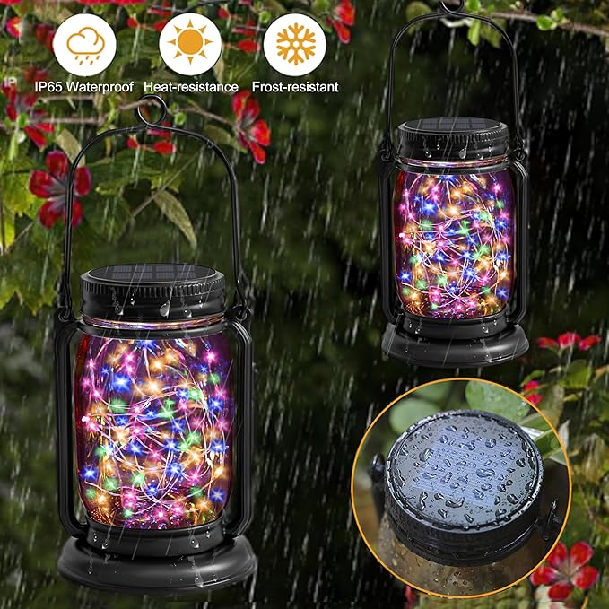 4 Pack Hanging Solar Lantern Lights, 30LED Vintage Glass Mason Jar Solar Fairy Lights Outdoor Decorative Waterproof Table Lamp with Stakes for Patio Yard Lawn Tree
