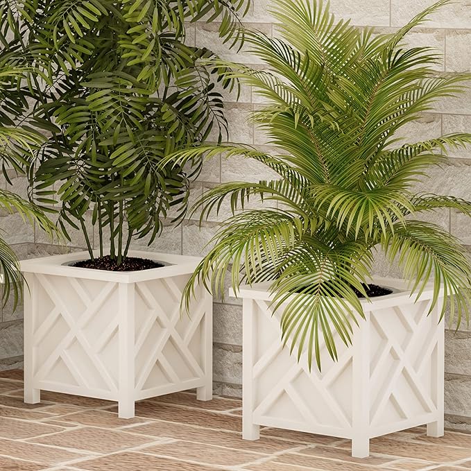 Lattice Design Planter Box 2-Pack – 14.75-Inch Decorative Outdoor Flower or Plant Pots – Front Porch, Patio, and Garden Decor by Pure Garden (White)