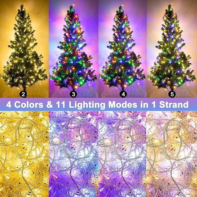Decute 300LED Christmas Tree String Lights Outdoor Indoor 108FT Extendable, 11 Modes 4 Colors Changing Twinkle Fairy Lights with Timer Remote for Party Decor, Warm White & 3 Multicolors