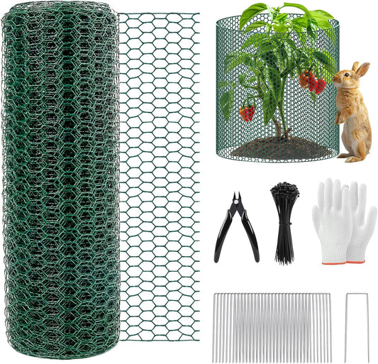 39.4Ft x 16In Plant Protectors from Animals, Plant Cages for Outdoor Plants, Free-Cut Metal Mesh Plant Covers Guards Fence Chicken Wire Cloche with Ground Stakes & Ties to Keeping Bunny Animals Out