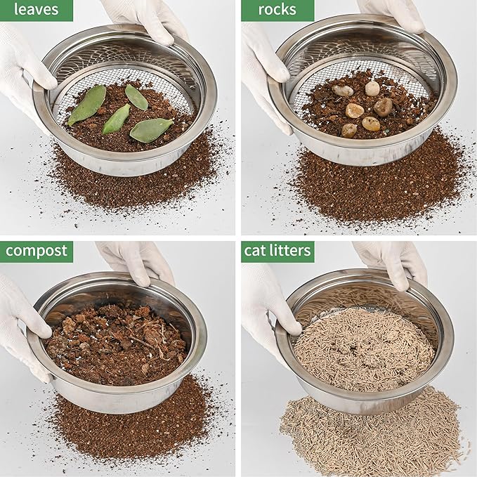LABALPHA Soil Sifter Garden Sieve Set, Stainless Sifting Pan Soil Sand Sieve with 4pcs Garden Shovels, 9.4" Sifting Pan Contain 5 Sieve Mesh (0.039", 0.118", 0.236",0.354",0.472")