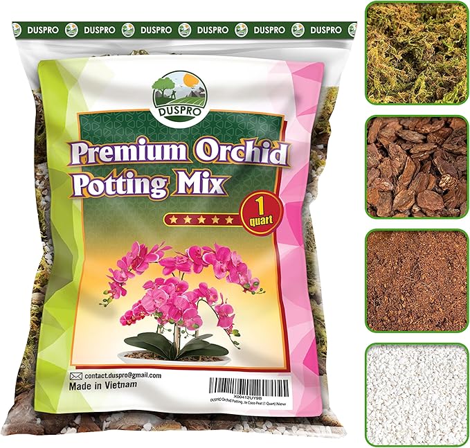 DUSPRO Orchid Potting Mix for Repotting with Moss Pine Bark Mulch Perlite Stone & Coco Peat Natural Ingredients, Orchid Bark Potting Mix, Orchid Repotting Kit Drainage Indoor Potting Medium Great 1QT